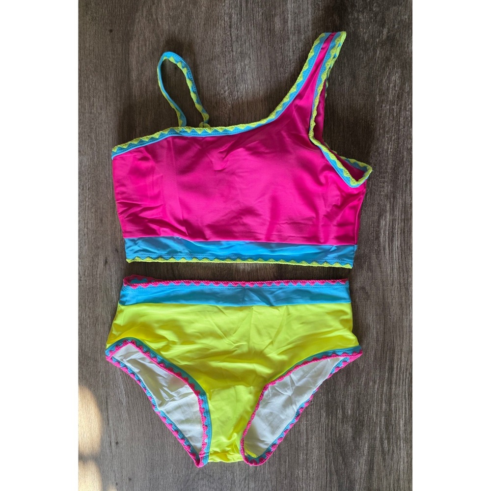Girls Neon Colorblock Bikini Set Scalloped Trim Two Piece Swimsuit Size 14Y